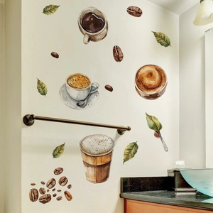 Detail of coffee culture wall decals with watercolor mugs and beans on modern kitchen wall