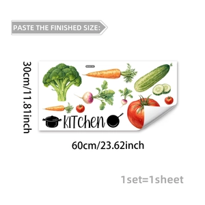 Detail showing 30x60cm kitchen wall decal with realistic vegetable illustrations and text