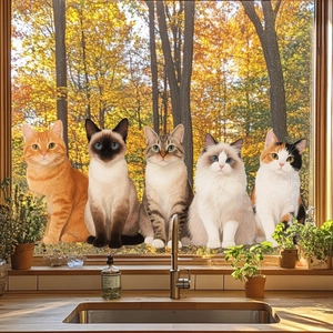 Set of 5 cartoon cat window stickers featuring orange, Siamese, and tabby breeds on glass