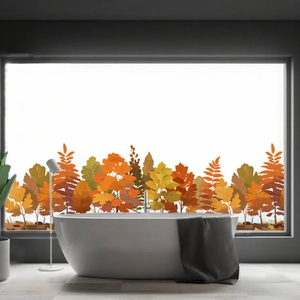 Detail of autumn leaves static window stickers with maple design in a bathroom setting