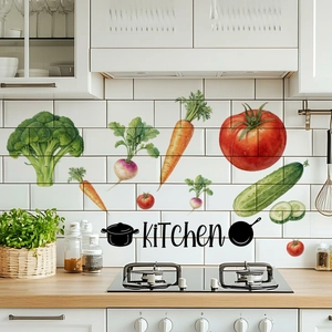 Kitchen wall stickers with watercolor vegetables and black art text for home decor