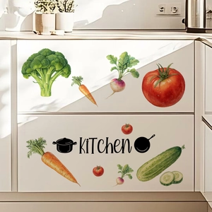 Close-up of waterproof kitchen wall stickers with fresh vegetable patterns and lettering