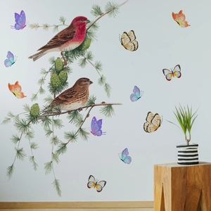 Watercolor bird and butterfly wall stickers on pine branches for home wall decor