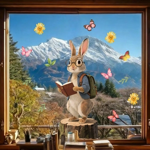 Detail of cartoon rabbit static window cling with butterfly and floral patterns on glass