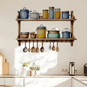 Watercolor kitchen wall decal showing rustic wooden shelves with pots and hanging spoons
