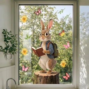 Detail of cartoon rabbit window cling with butterflies and daisies on a glass surface