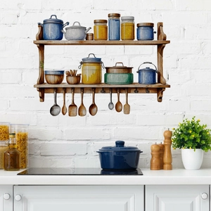 Artistic kitchen wall decal featuring a two-tier wooden shelf with pots and pans