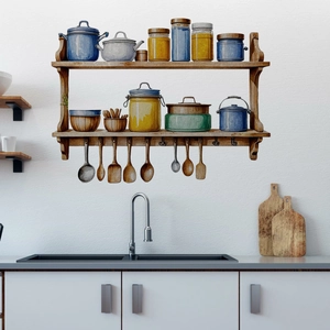 Detailed kitchen wall sticker showing colorful pots and utensils on a rustic shelf