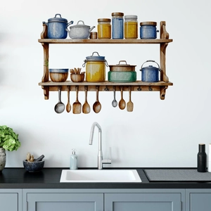 Detail of watercolor kitchen wall sticker featuring shelf with pots and hanging utensils