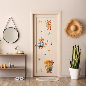 Detailed wall sticker set featuring cartoon animals playing musical instruments on a door