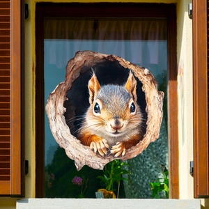Detail of 3D squirrel window decal showing realistic fur texture on a glass surface