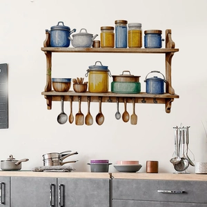 Detailed watercolor kitchen wall sticker featuring rustic shelves with jars and utensils