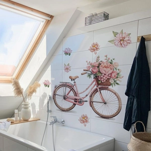 Pink vintage bicycle wall sticker with floral basket on bright bathroom tiles