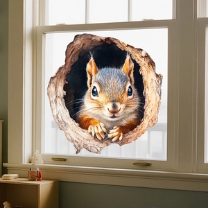 Realistic 3D watercolor squirrel window sticker on white wooden frame glass surface