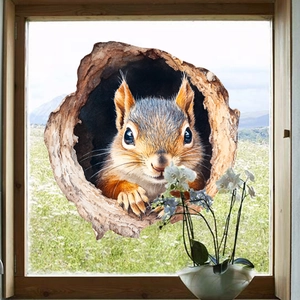 Detail of 3D squirrel window sticker with realistic fur texture on glass surface