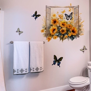 Vivid watercolor sunflower window wall sticker with butterflies for bathroom decor