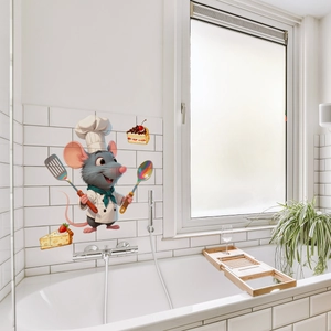 Detailed view of chef rat wall stickers and cake decals on white bathroom tiles