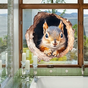 3D realistic squirrel tree hole window cling applied on glass in a bright bathroom setting