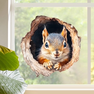 Detailed 3D effect static window cling showing a realistic red squirrel peek through a hole