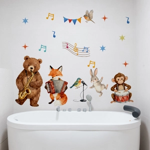 Stickers muraux thématiques musique animaux pour décoration de chambre d'enfant aquarelle