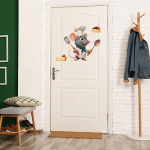 Detailed view of 3D cartoon mouse chef wall sticker on white door in a Nordic home setting