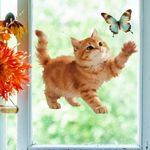Detail showing a cute orange kitten and blue butterfly watercolor window static sticker
