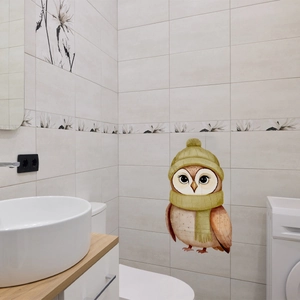 Detailed wall sticker featuring a cute brown owl wearing a green hat and scarf decor