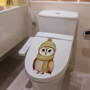 Waterproof cartoon owl decal with yellow hat on a modern toilet seat cover decoration