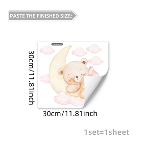 Detailed size chart showing a 30x30cm glowing bear on moon wall sticker for home decor