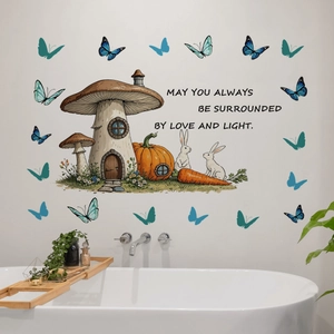 Détail de stickers muraux maison champignon avec lapins et papillons mignons