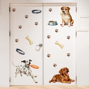 Stickers muraux chiens aquarelle avec dalmatien et golden retriever sur une porte blanche