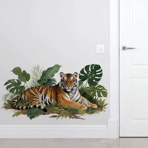Sticker mural tigre réaliste avec feuilles tropicales pour la décoration intérieure
