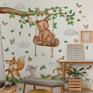 Watercolor forest animal wall decals featuring bears and foxes for kids nursery decor