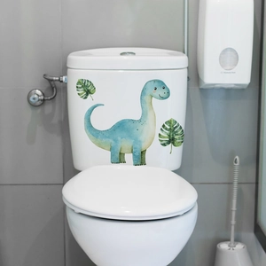 Glow in the dark dinosaur toilet sticker featuring watercolor long-neck diplodocus and leaves