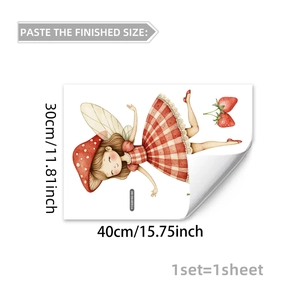 Detailed close-up of a cartoon fairy wall sticker with red mushroom hat and strawberry