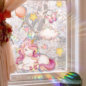 Colorful rainbow prism suncatcher window clings with unicorn and butterfly designs