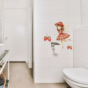 Luminous elf girl wall sticker with red mushroom hat and strawberries for bathroom decor