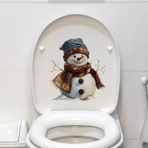 Detailed view of festive snowman toilet seat sticker with vibrant winter hat and scarf
