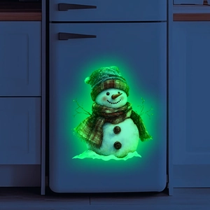 Glow-in-the-dark snowman wall sticker with green luminous effect and holiday scarf detail