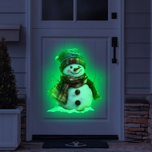 Glow-in-the-dark Christmas snowman wall sticker with green hat on a white front door