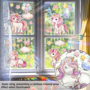 Detailed view of unicorn window stickers with rainbow light refraction on glass