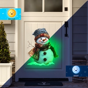 Luminous Christmas snowman door sticker showing daytime and night glowing effect