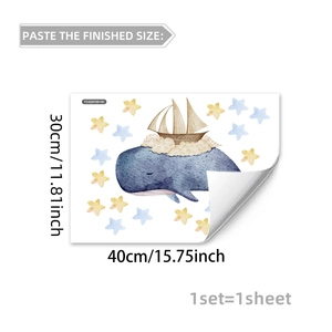 Detailed dimensions of luminous cartoon whale and sailboat wall sticker, 30cm x 40cm set
