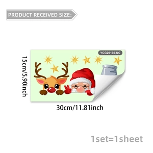 Detailed size chart showing 15x30cm dimensions for Christmas Santa and reindeer stickers