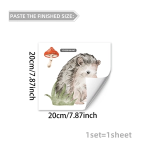 Luminous hedgehog and mushroom wall decal detail showing 20cm x 20cm size and watercolor art