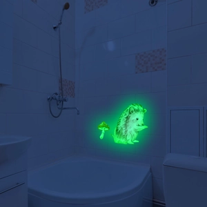 Glow-in-the-dark hedgehog and mushroom wall decal set with bright green luminous effect