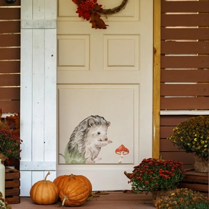 Detailed wall sticker featuring a cute hedgehog and mushroom in a warm autumn scene