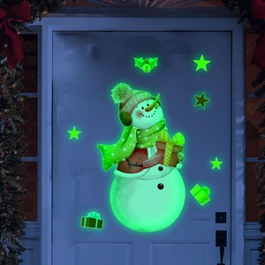 Luminous Christmas snowman wall stickers featuring stars and gift boxes for holiday decor
