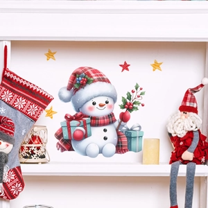 Luminous Christmas wall sticker featuring a cute snowman with gift box and stars decor