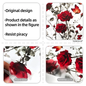 Dettaglio di adesivi murali con rose rosse e farfalle che mostra la texture del PVC